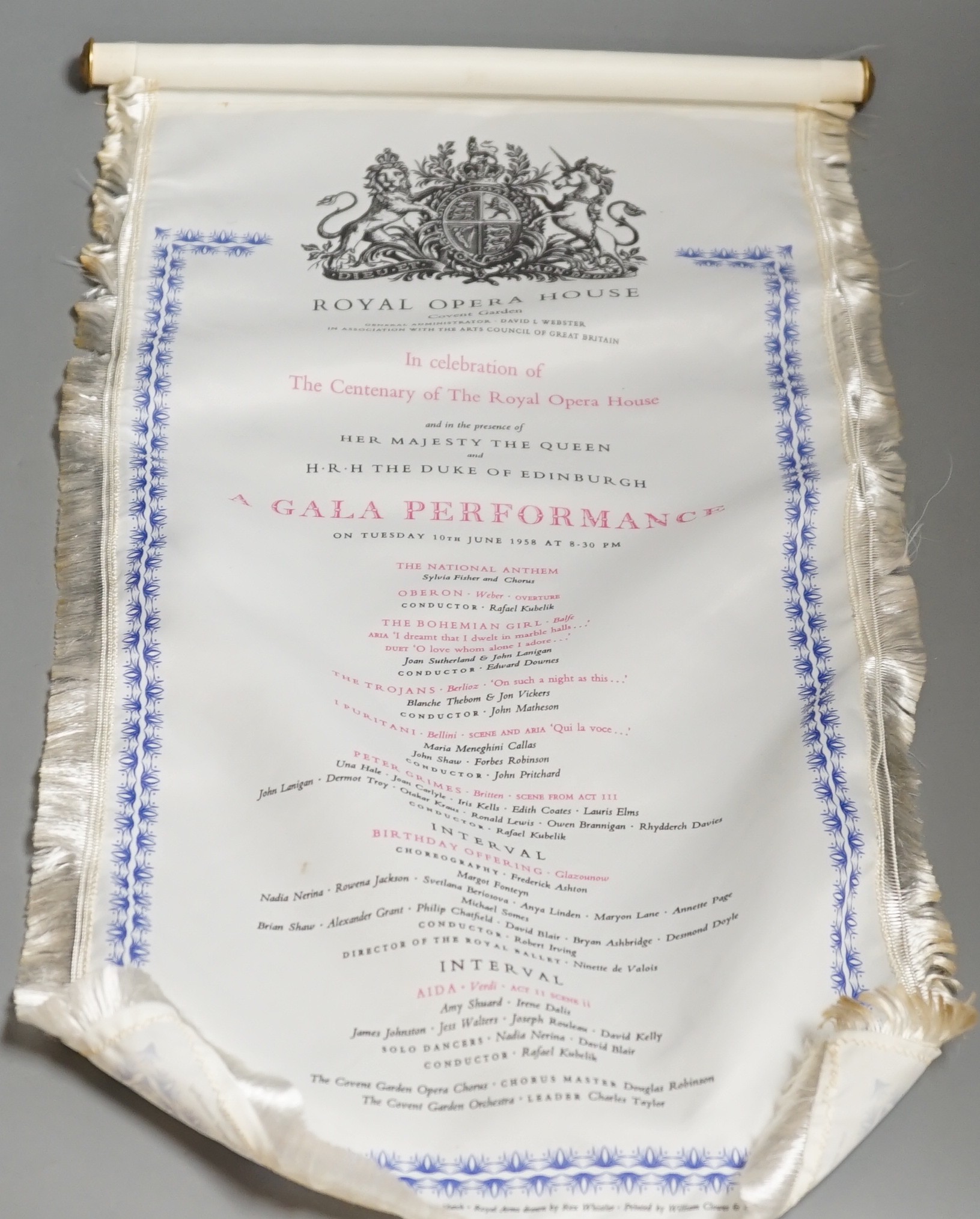 A silk programme for the Royal Opera House Gala performance in the presence of HM The Queen and HRH The Duke of Edinburgh, 10th June 1958 and with original cylinder case